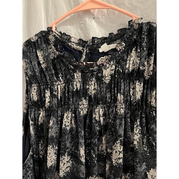 Joie Thelen Mini Silky Swing Dress Blue Floral Sz Xxl Ruffle Neck Feminine Boho - Picture 3 of 7